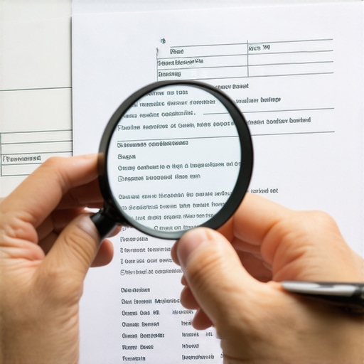 Person examining credit report with a magnifying glass, indicating careful review.