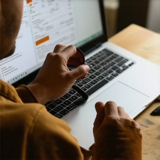 Person analyzing credit report on laptop with magnifying glass.