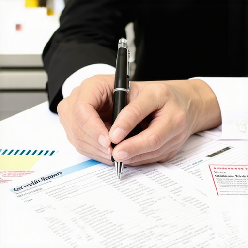 A person analyzing credit reports with notes and pen on a wooden desk.