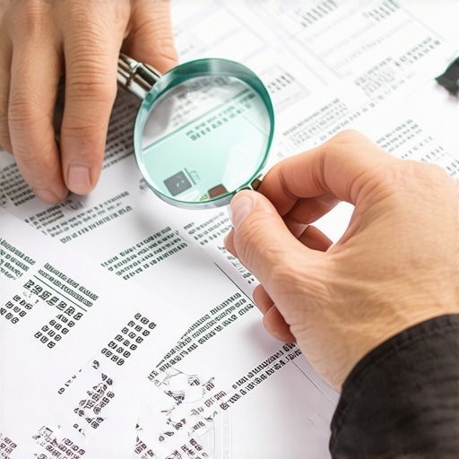 A person analyzing credit documents closely with a magnifying glass in a financial setting.