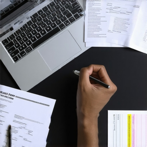 Person analyzing rent payment documents and bank statements on a laptop