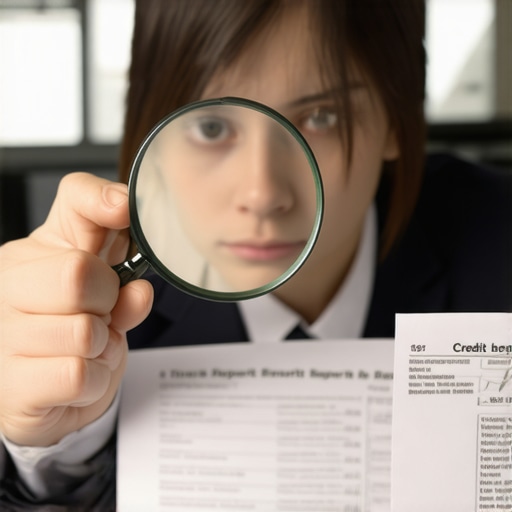 Reviewing and Correcting Credit Reports Individual examining credit report documents with a magnifying glass to identify errors and updates