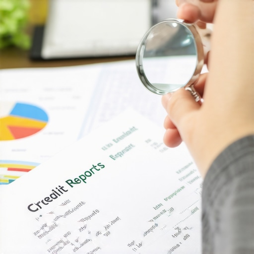 Scrutinizing Credit Report for Errors A person analyzing credit reports with a magnifying glass in a well-lit environment