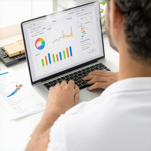 A person analyzing credit scores and reports on a laptop in a home office environment.