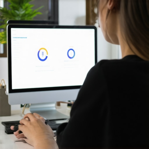 Person analyzing credit report on computer with financial tools nearby