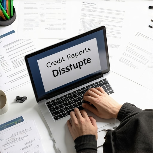 Person analyzing credit reports and dispute templates on a laptop in a home office.