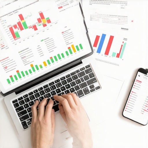 Person managing credit reports and scores on a laptop with supporting financial tools.