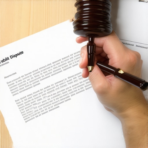 A person drafting a credit dispute letter with court documents on a desk