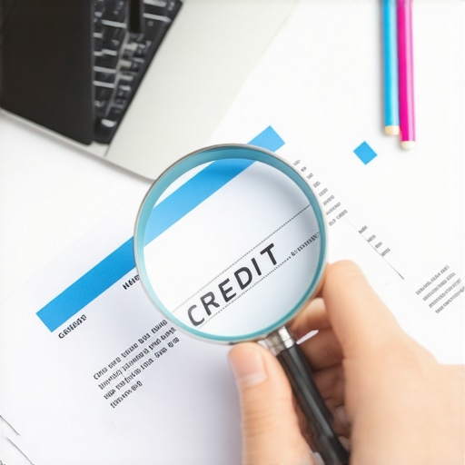 Person examining credit report details closely with a magnifying glass
