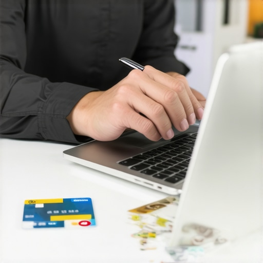 Person analyzing credit report and making micro-payments on laptop.