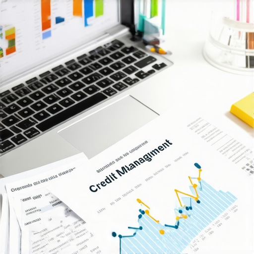 A workspace showing financial charts, a laptop with credit report data, and organized documents for credit monitoring.