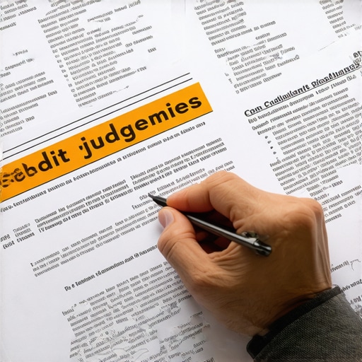 Disputing Credit Judgments Person reviewing credit report with highlighted judgments and dispute documentation