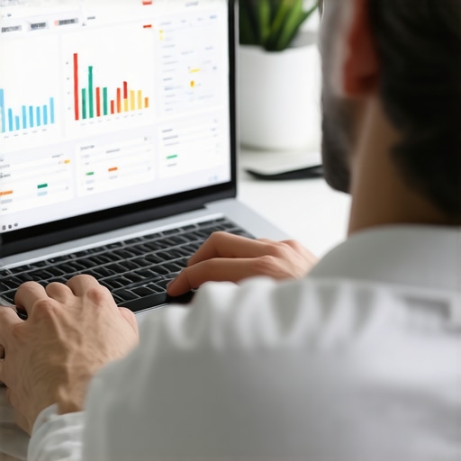 Person monitoring credit scores on a laptop with financial charts and tools in workspace.