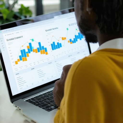 Monitoring Your Credit Progress Person reviewing credit report on laptop with financial data visualizations