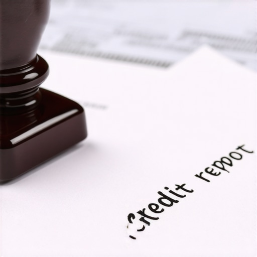 A notary stamp sealing notarized documents with a credit report in the background.