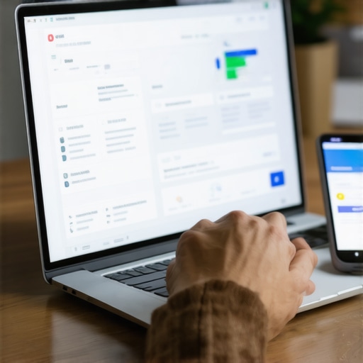 Person managing credit reports and disputes using digital tools and organized folders