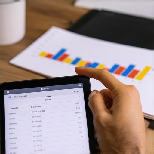 Individual analyzing credit data on a digital device to maintain financial health