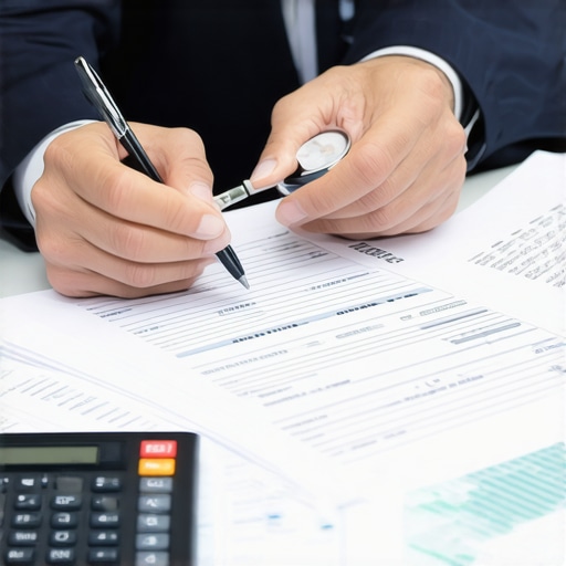 Individual analyzing credit documents with a magnifying glass for credit improvement.