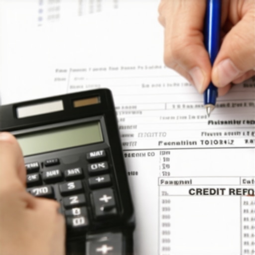 Person analyzing credit report with tools on desk