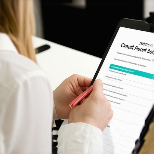 Individual analyzing credit report with tablet, focused on correcting errors to improve credit