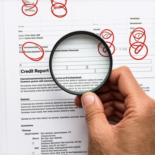 Hand holding magnifying glass over credit report with errors highlighted.