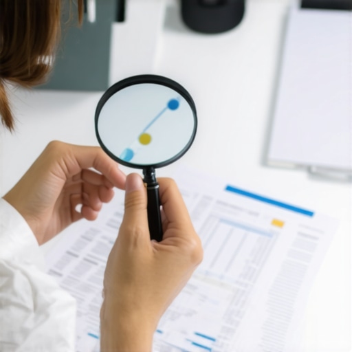 Individual analyzing credit report documents with magnifying glass