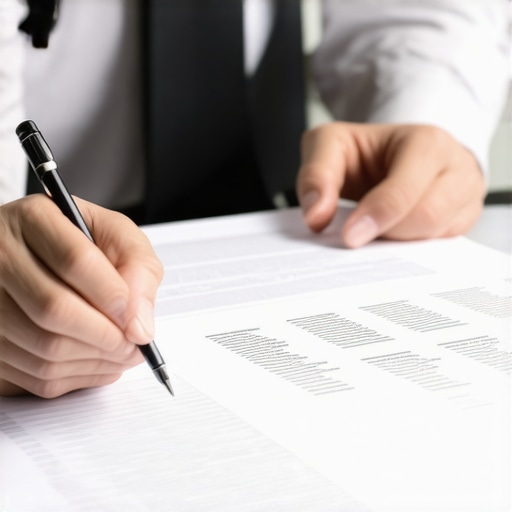 Person analyzing credit report documents with a pen in hand, highlighting dispute process.