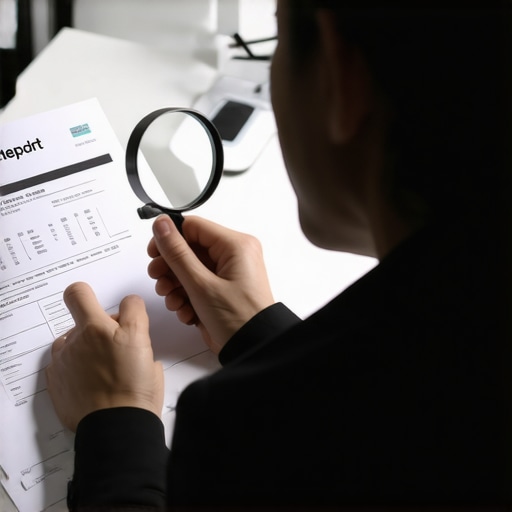 Person analyzing credit report details with magnifying glass, focusing on detecting errors.