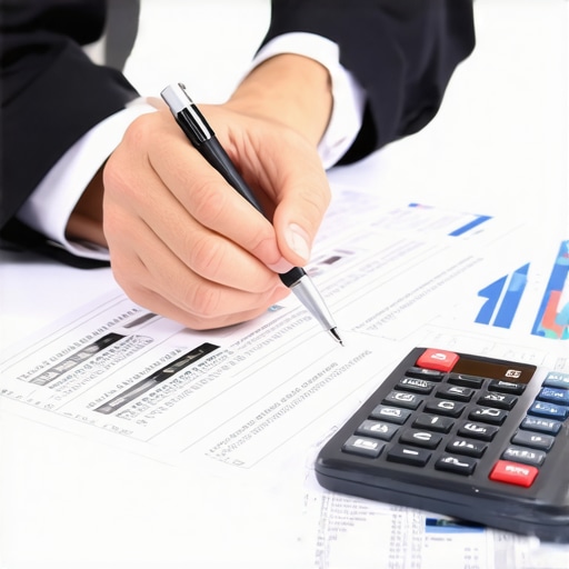 Person analyzing credit reports with a calculator and pen