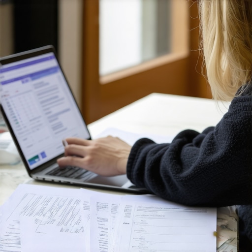 Person analyzing credit report documents on a laptop, identifying errors