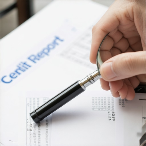 Person examining credit report with magnifying glass, financial documents on table