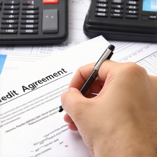 Person signing a credit agreement document with financial tools on the table.