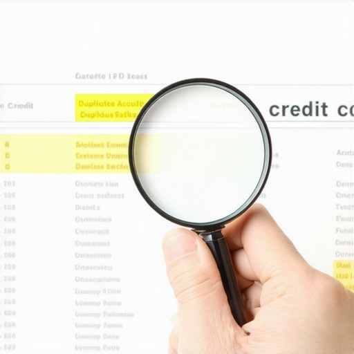 A magnifying glass inspecting a credit report highlighting duplicate entries