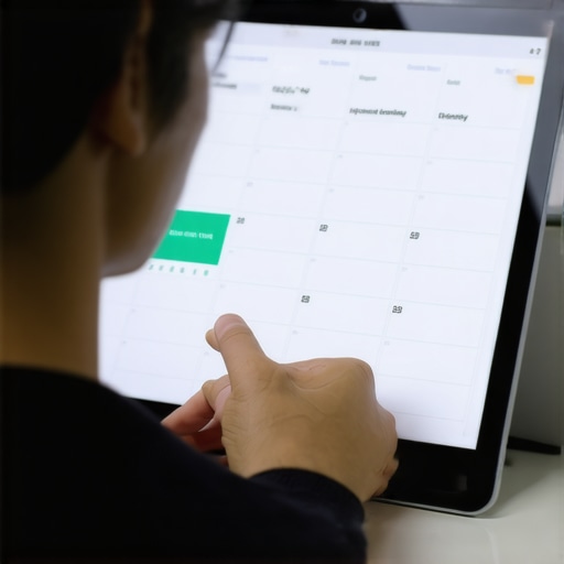 A hand holding a pen pointing at a digital calendar filled with scheduled bill payment reminders.