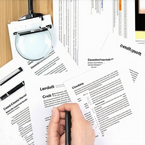 Person examining credit report errors with magnifying glass