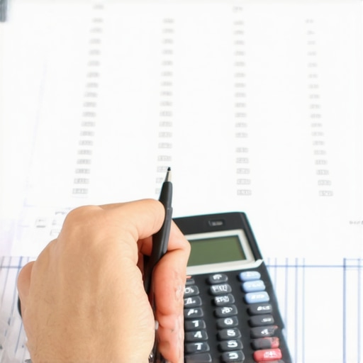 Analyzing Credit Reports for Building Credit Person examining credit reports with a calculator, symbolizing credit repair and growth.