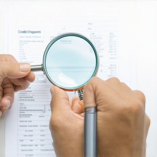 Person examining credit report details closely with a magnifying glass.