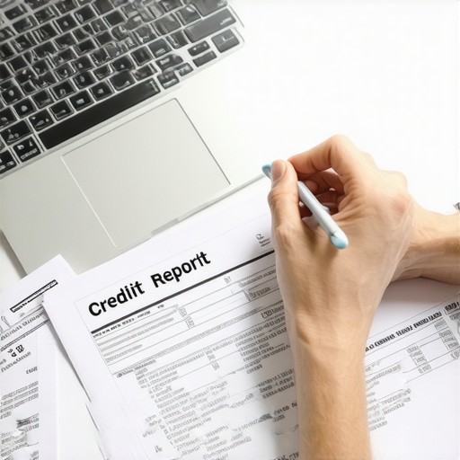 Person analyzing credit report with utility bills on desk, emphasizing credit improvement strategies.