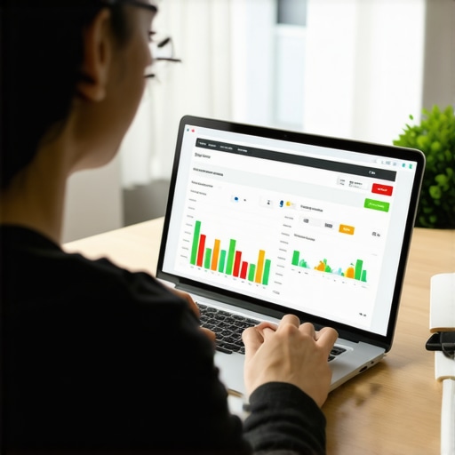 A person managing credit score tools on a laptop with graphs and dispute forms.