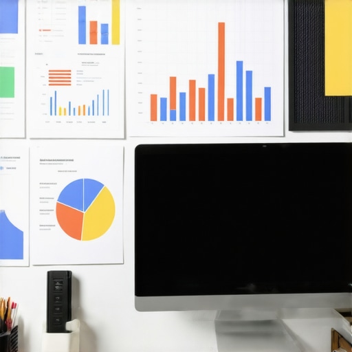 Effective Credit Maintenance Setup A desk with a laptop showing a credit score dashboard, charts, and a planner for regular reviews.