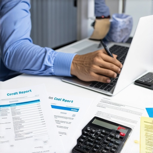 Person analyzing credit report with financial tools for credit management.