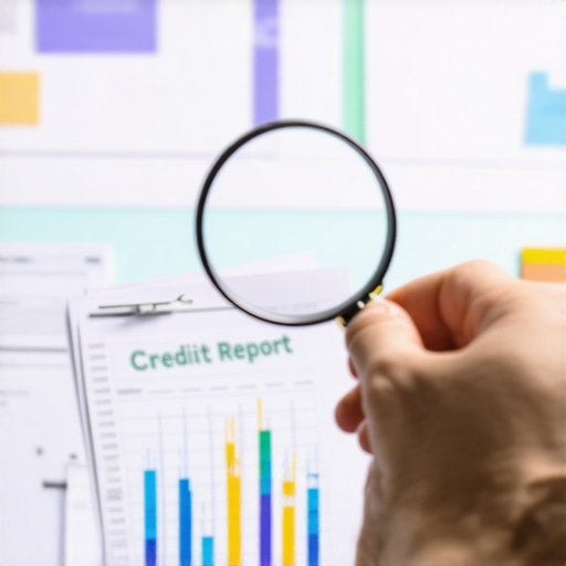 Meticulous Credit Review Individual analyzing credit report details with a magnifying glass in an office