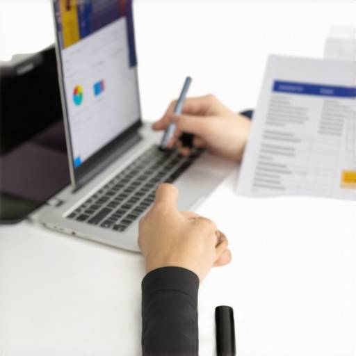 Monitoring Utility Payments for Credit Improvement Person reviewing credit report on laptop alongside utility bills for credit building strategy.