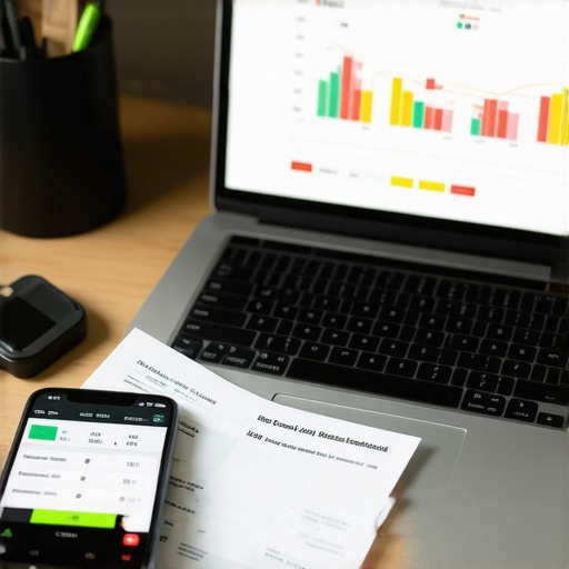 Laptop and documents on credit management and dispute tracking.