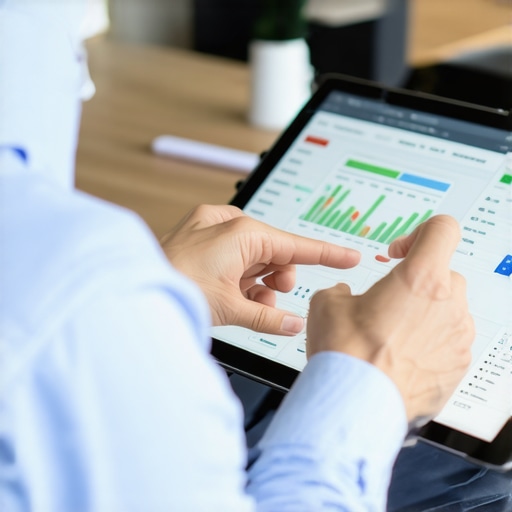 Individual reviewing credit report data on a tablet device in a professional setting