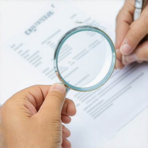 Person examining credit report documents with magnifying glass.