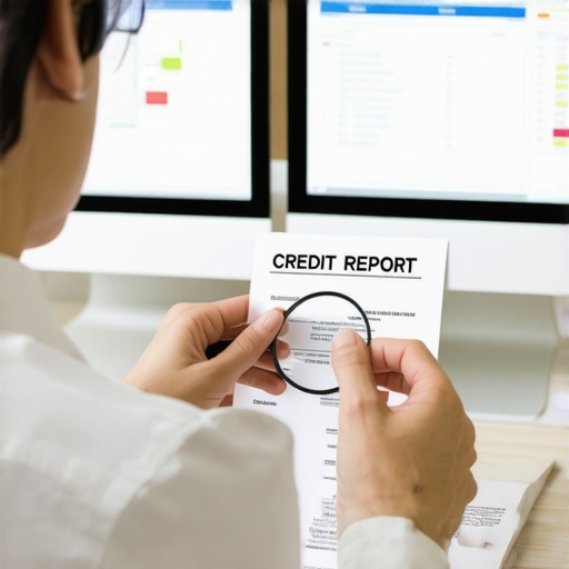 Person analyzing credit report with magnifying glass to find mistakes