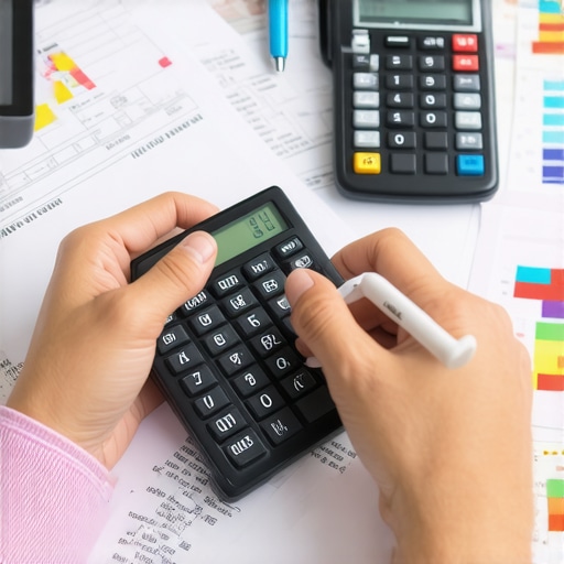 Person analyzing their credit report with calculator and documents on desk