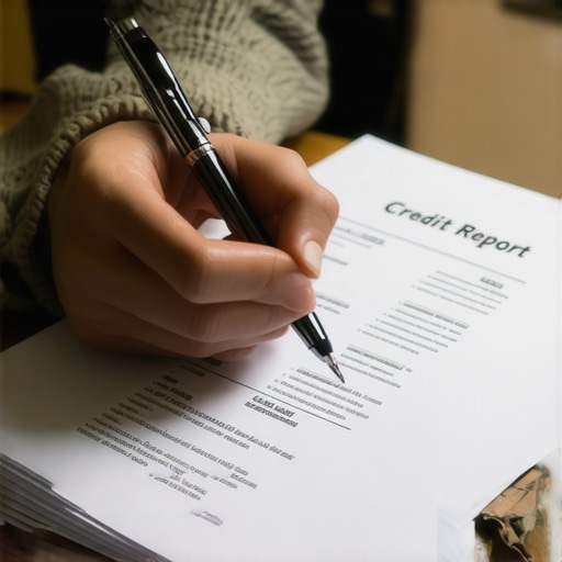 Person checking credit report for inaccuracies with a pen