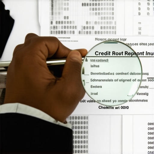 Person examining credit report with a magnifying glass, focusing on errors